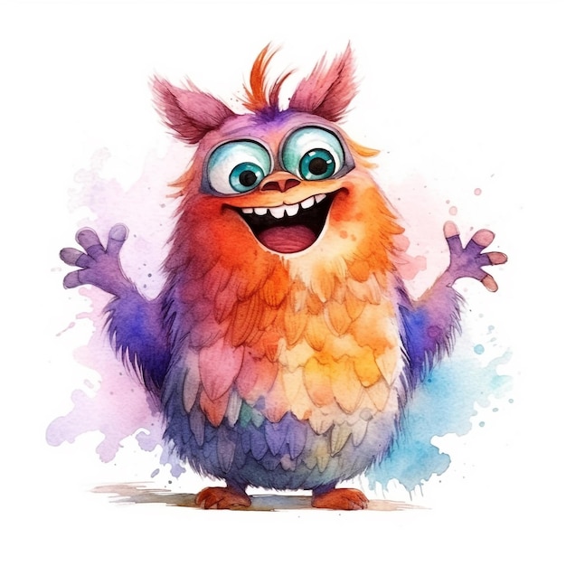 Ein Aquarellgemälde eines flauschigen Monsters mit einem breiten Lächeln im Gesicht.