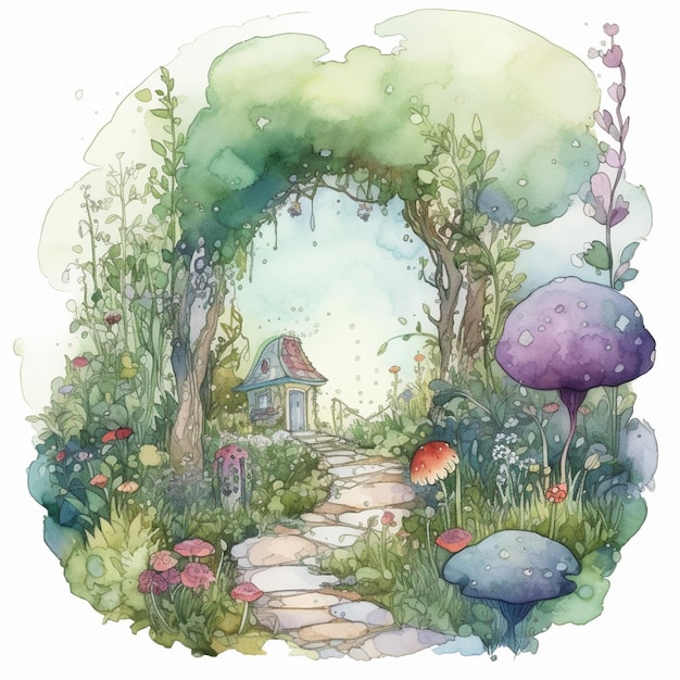 Ein Aquarellgemälde eines Gartens mit einem Gartenweg und einem Pilzhaus.