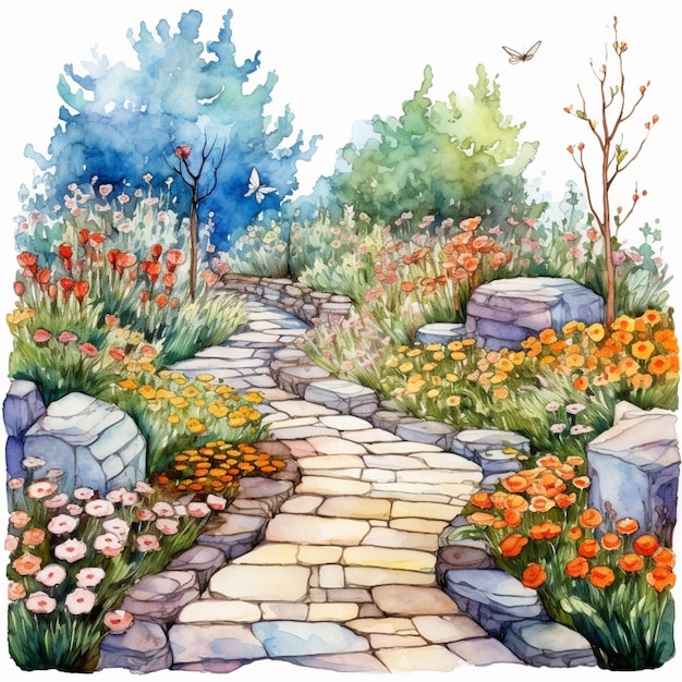 Ein Aquarellgemälde eines Gartenwegs mit Gartenweg und Blumen.