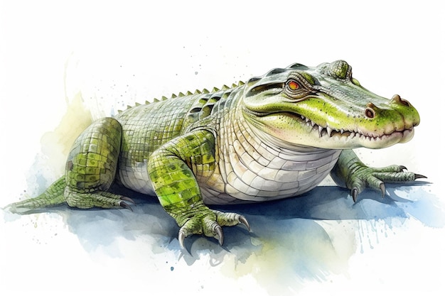 Ein Aquarellgemälde eines grünen Alligators mit rotem Auge.