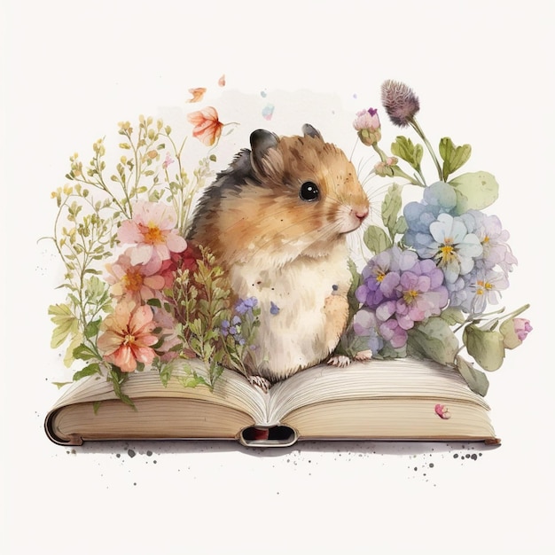 Ein Aquarellgemälde eines Hamsters auf einem Buch.