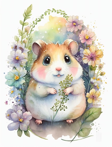 Ein Aquarellgemälde eines Hamsters mit Blumen und den Worten „Hamster“ auf der Unterseite.