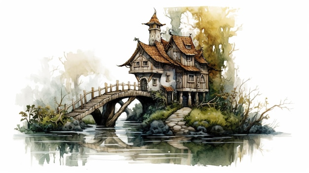Ein Aquarellgemälde eines Hauses auf einer kleinen Insel, generatives KI-Bild