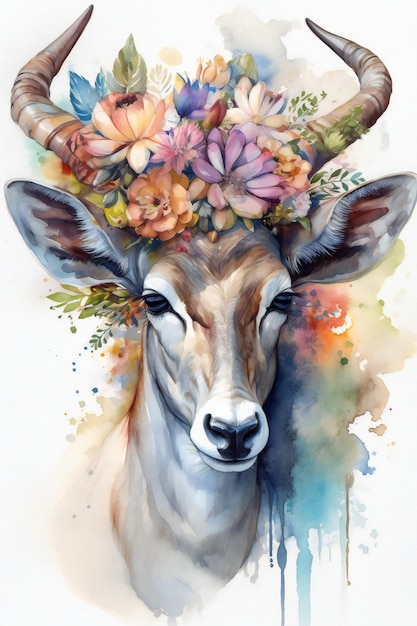 Ein Aquarellgemälde eines Hirsches mit Blumen auf dem Kopf.