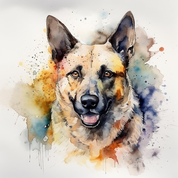 Ein Aquarellgemälde eines Hundes mit blauem und orangefarbenem Hintergrund