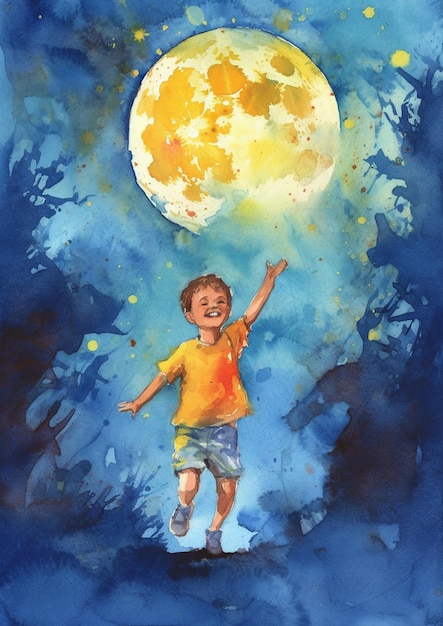 Ein Aquarellgemälde eines Jungen, der vor dem Vollmond fliegt.