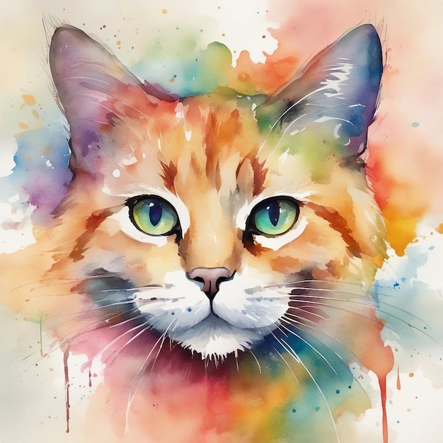 Ein Aquarellgemälde eines Katzenkopfes mit Aquarellspritzern