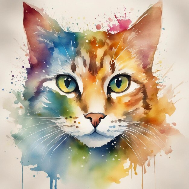 Ein Aquarellgemälde eines Katzenkopfes mit Aquarellspritzern