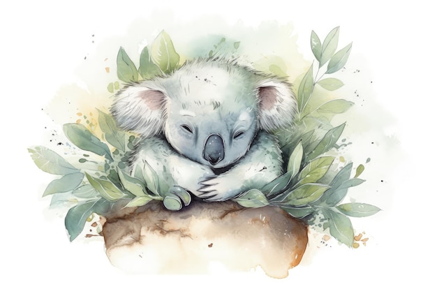 Ein Aquarellgemälde eines Koalas, der auf einem Felsen schläft, generative KI