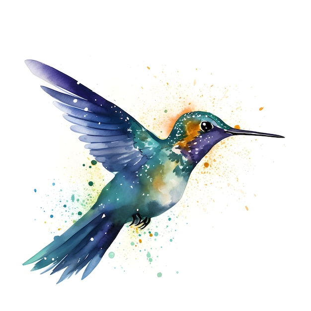 Ein Aquarellgemälde eines Kolibri mit blauen Flügeln.