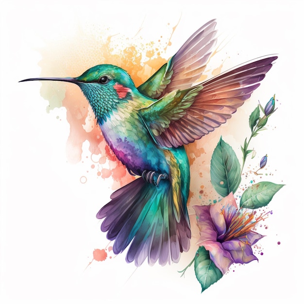 Ein Aquarellgemälde eines Kolibri mit lila Flügeln.