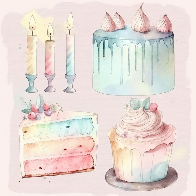Ein Aquarellgemälde eines Kuchens, Cupcakes und Kerzen.