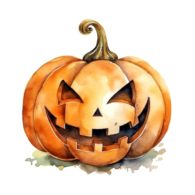 Ein Aquarellgemälde eines Kürbises mit einem Gesicht und dem Wort Halloween darauf.
