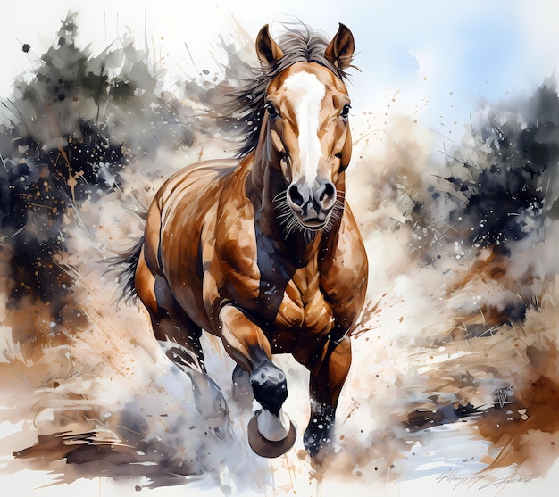 Ein Aquarellgemälde eines laufenden Pferdes