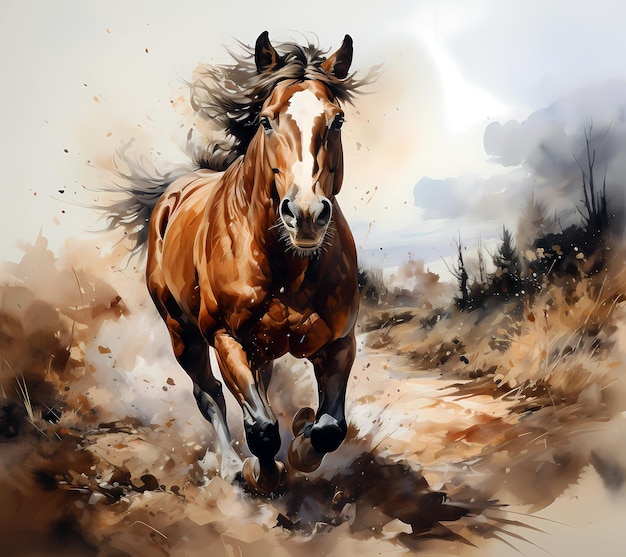 Ein Aquarellgemälde eines laufenden Pferdes