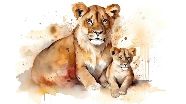 Ein Aquarellgemälde eines Löwen und seines Jungen