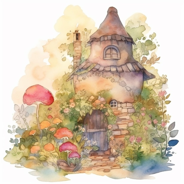 Ein Aquarellgemälde eines Märchenhauses mit einem Pilzhaus im Hintergrund.