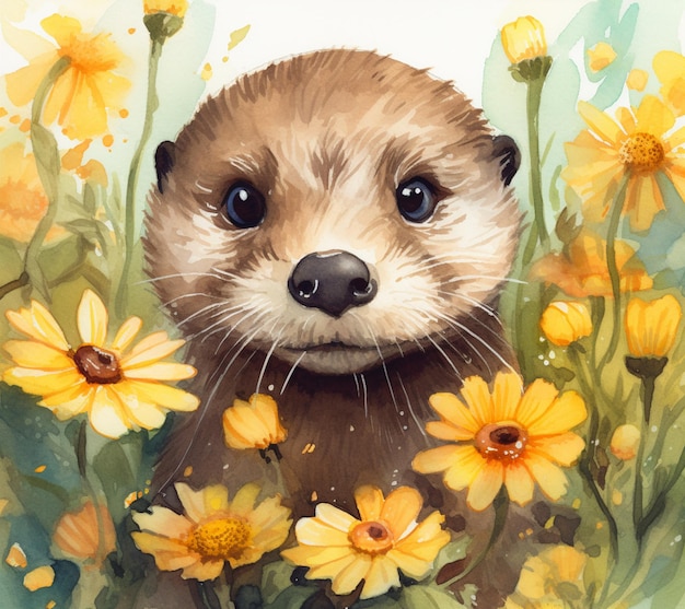 Ein Aquarellgemälde eines Otters in einem Blumenfeld.