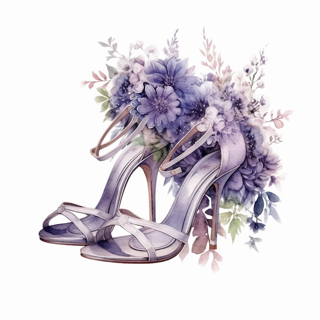 Ein Aquarellgemälde eines Paares Schuhe mit Blumen darauf.