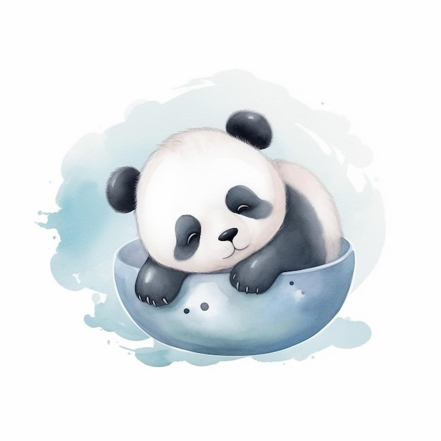 Ein Aquarellgemälde eines Pandabären, der in einer Schüssel schläft.
