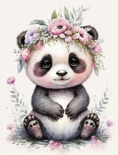 Ein Aquarellgemälde eines Pandabären mit einer Blumenkrone.