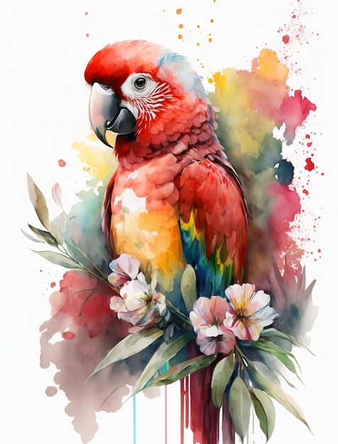 Ein Aquarellgemälde eines Papageis mit Blumen