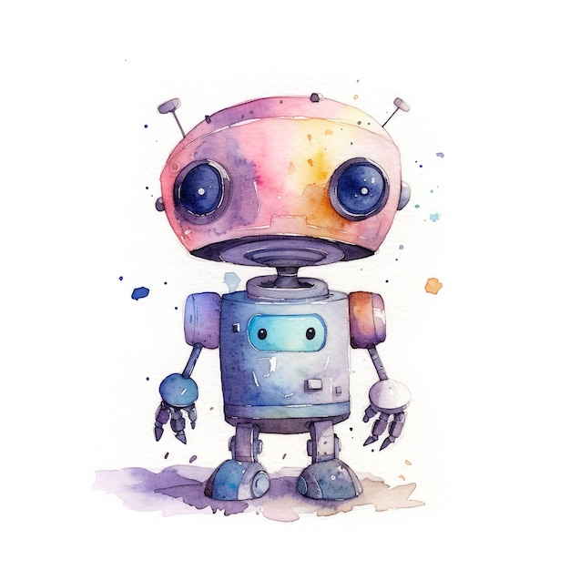 Ein Aquarellgemälde eines Roboters mit einem Gesicht, auf dem „Roboter“ steht.