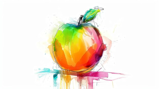 Ein Aquarellgemälde eines roten Apfels. Der Apfel sitzt auf einem weißen Tisch. Der Hintergrund ist weiß. Das Gemälde ist in einem losen abstrakten Stil.