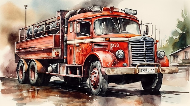 Ein Aquarellgemälde eines roten Feuerwehrautos aus dem Jahr 2000.