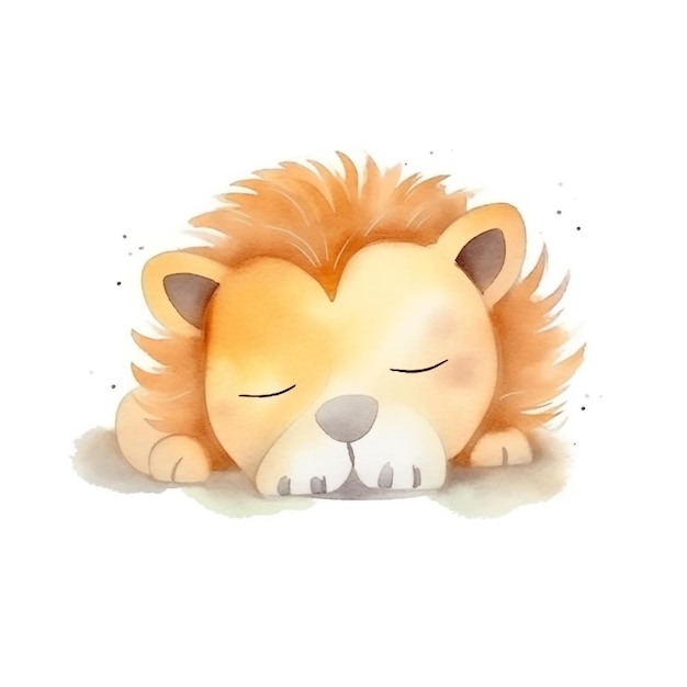 Ein Aquarellgemälde eines schlafenden Löwen auf weißem Hintergrund.
