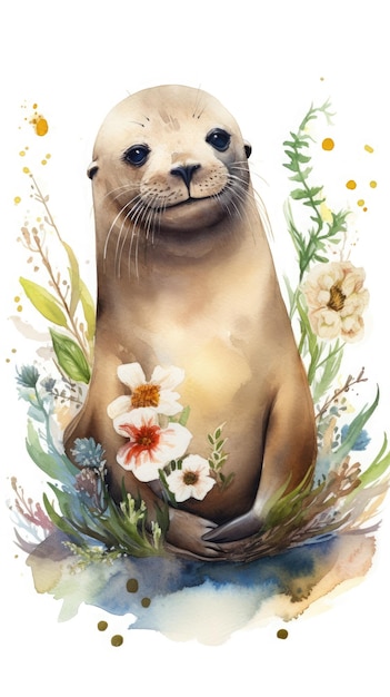 Ein Aquarellgemälde eines Seals mit Blumen