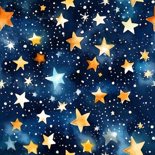 Ein Aquarellgemälde eines Sternenhimmels mit goldenen Sternen.