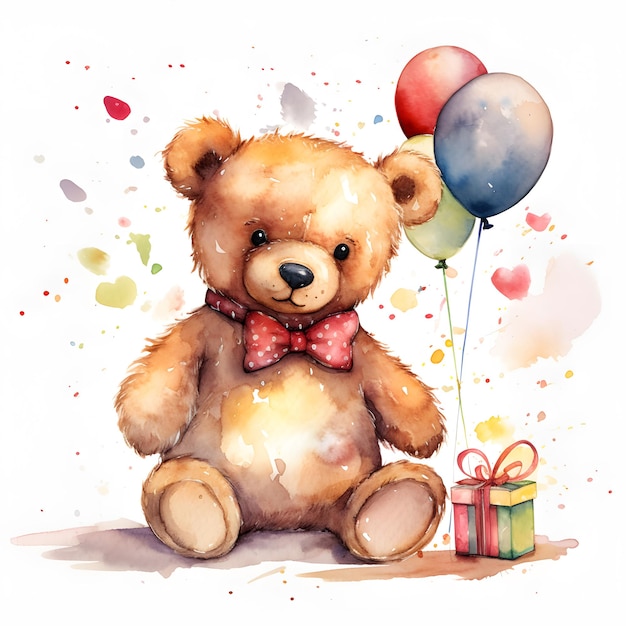 Ein Aquarellgemälde eines Teddybären mit Luftballons und einem Geschenk.
