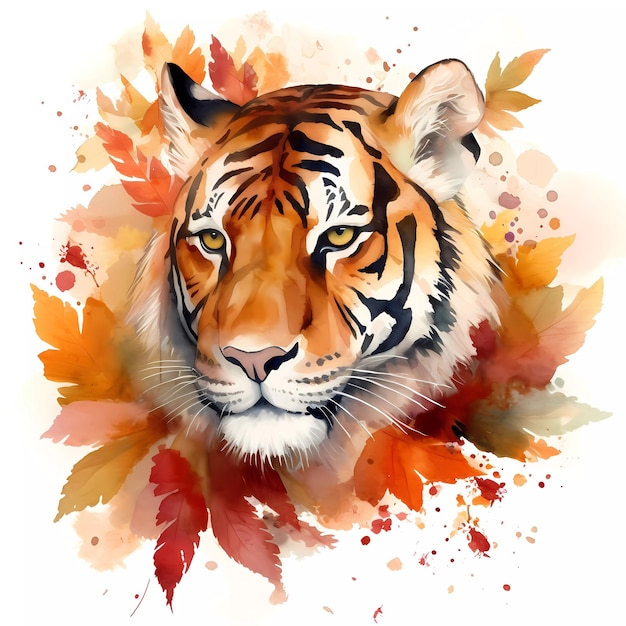 Ein Aquarellgemälde eines Tigerbaums mit Herbstblättern