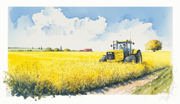 Ein Aquarellgemälde eines Traktors in einem Feld mit gelben Blumen.