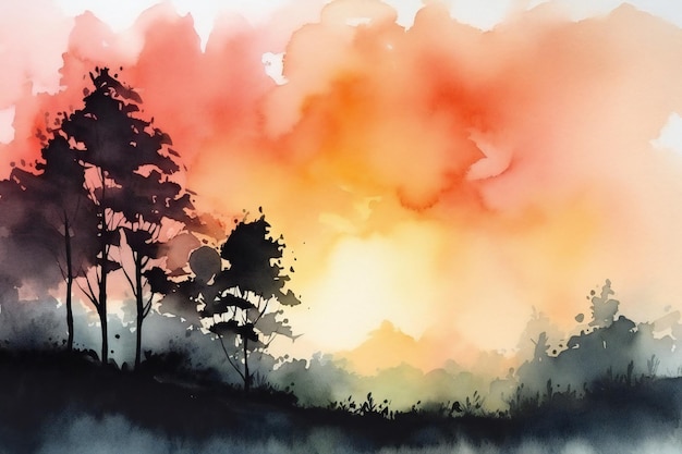 Ein Aquarellgemälde eines Waldes mit einem Sonnenuntergang im Hintergrund.