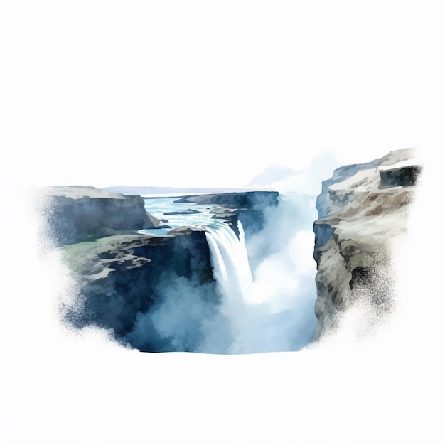 Ein Aquarellgemälde eines Wasserfalls mit dem Wort Wasserfall darauf.