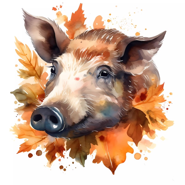 Ein Aquarellgemälde eines Wildschweins im Herbst