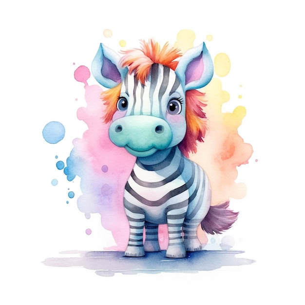 Ein Aquarellgemälde eines Zebras mit rosa und blauem Hintergrund.