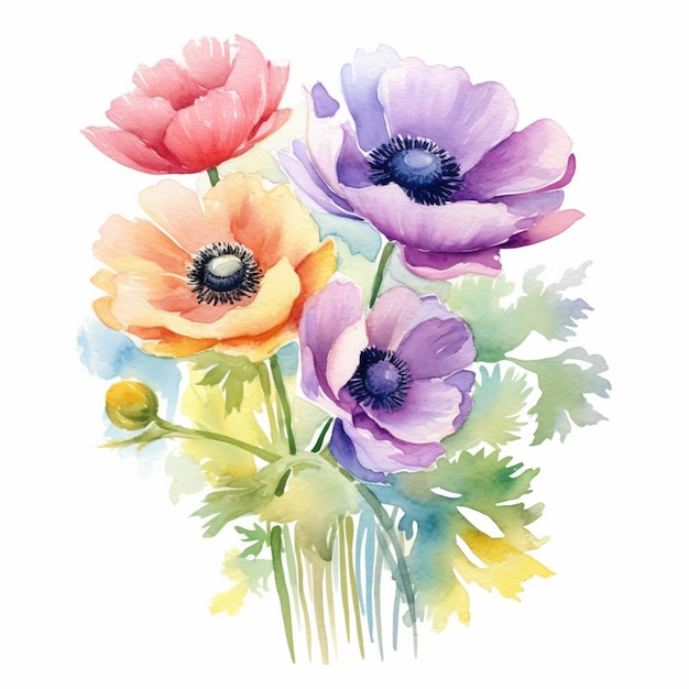 Ein Aquarellgemälde von Anemonen in einer Vase.