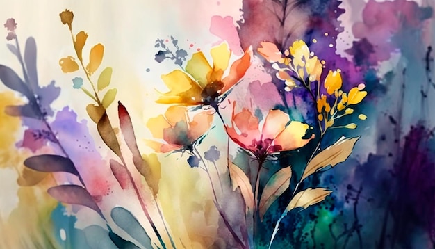 Ein Aquarellgemälde von Blumen mit buntem Hintergrund.