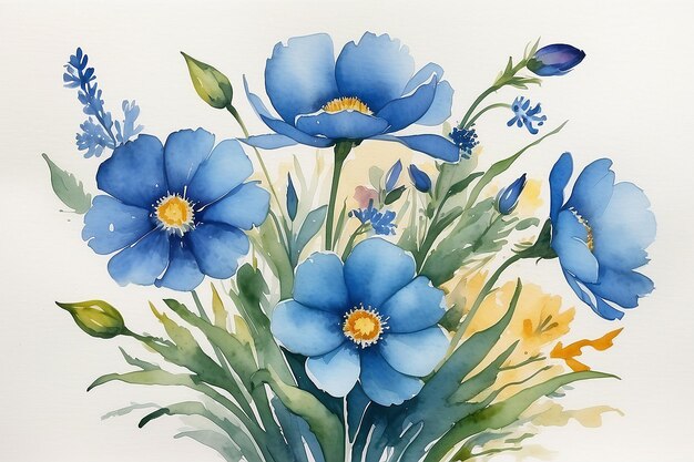 Ein Aquarellgemälde von Blumen mit einem blauen Ring darauf