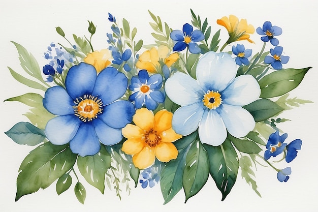 Ein Aquarellgemälde von Blumen mit einem blauen Ring darauf