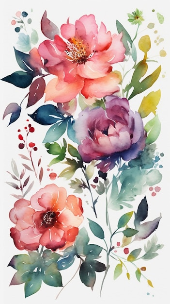 Ein Aquarellgemälde von Blumen mit rotem Hintergrund.