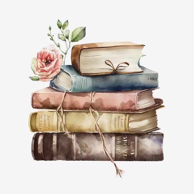Ein Aquarellgemälde von Büchern mit einer Rose auf der Oberseite.