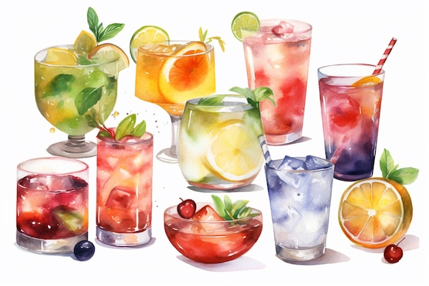 Ein Aquarellgemälde von bunten Cocktails mit verschiedenen Geschmacksrichtungen.