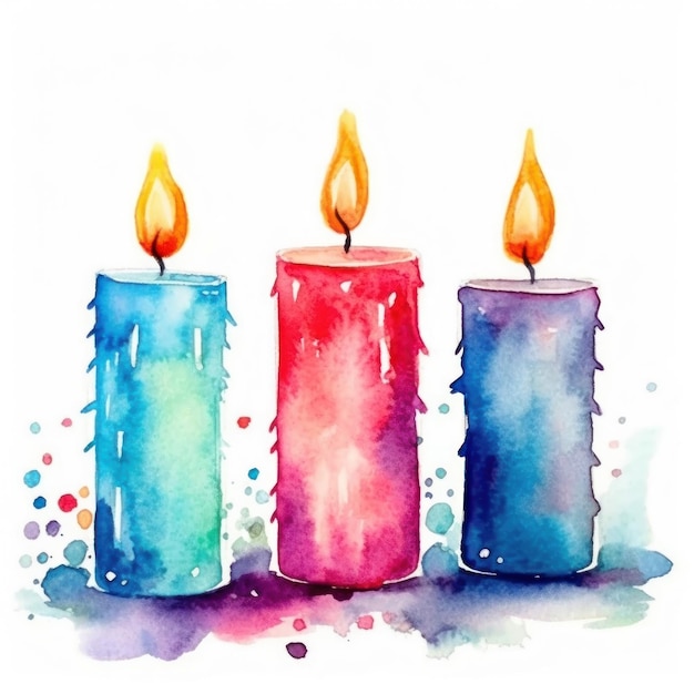 ein Aquarellgemälde von drei Kerzen mit den Worten "blau und rosa".