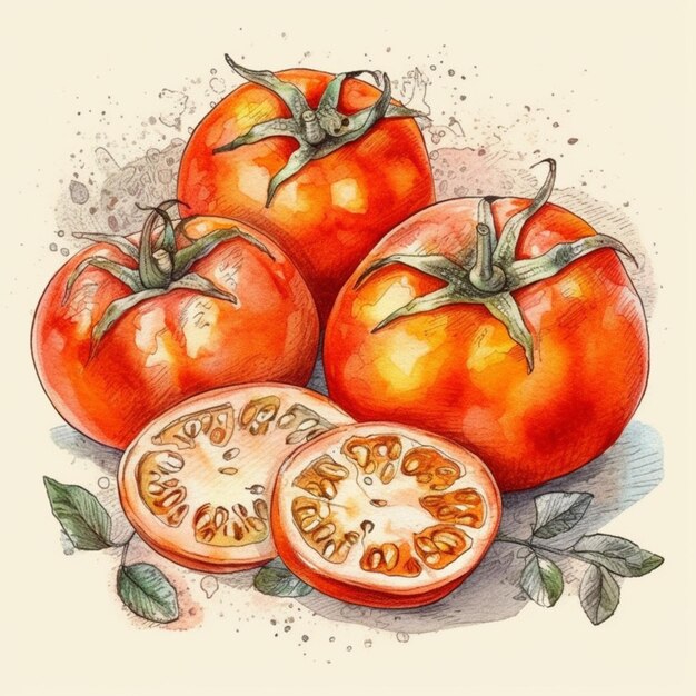 Ein Aquarellgemälde von drei Tomaten auf einem Tisch.