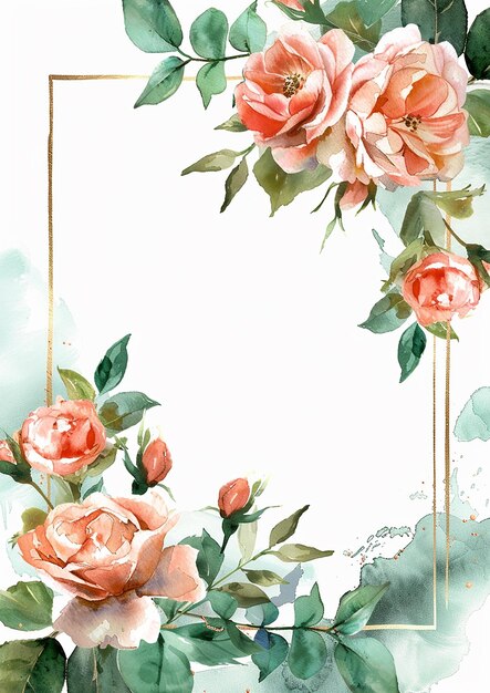 Ein Aquarellgemälde von einem Rosenstrauß mit einem goldenen Rahmen Die Blüten sind rosa und grün und der Rahmen ist gold Das Gemälde hat eine ruhige und beruhigende Stimmung mit den Blumen