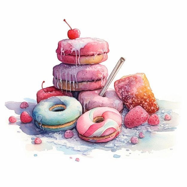 Ein Aquarellgemälde von einem Stapel Donuts mit einer Kirsche oben.